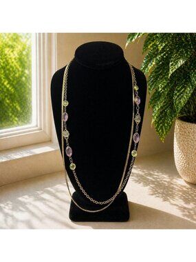 Long Gold-Tone Multi-Chain Necklace With Green & Purple Glass Beads Lobster Clas
